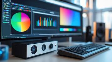 Closeup of a color calibration device positioned next to a monitor with the screen displaying a color spectrum chart and various color correction sliders emphasizing precision in digita photo