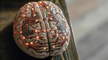 An artistic rendering of a human brain intertwined with circuit board patterns illuminated with colorful LED lights symbolizing the fusion of biological and technological elements. photo