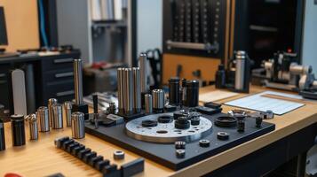 Filmmaking equipment and precision tools arranged on workshop table photo