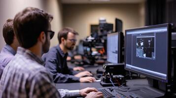A team of technicians collaborating around a workstation sharing insights as they analyze footage on a computer screen validating the calibration settings for optimal camera rig photo