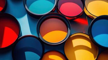 An artistic arrangement of several color filters spread out around a lens featuring vivid hues like red blue and yellow each casting its respective shadow onto the lens enhancing th photo