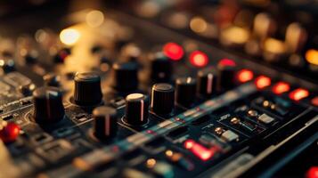 Professional mixing console with illuminated knobs and faders in a recording studio photo