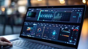 A closeup shot of a laptop screen running synchronization software displaying a timeline view with adjustable markers for each camera angle. Graphical representations illustrate th photo