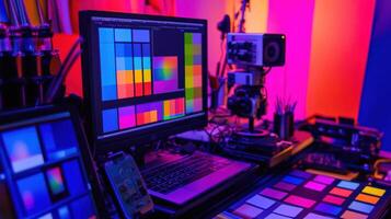 Colorist editing software showing color palette on computer screen in modern studio photo