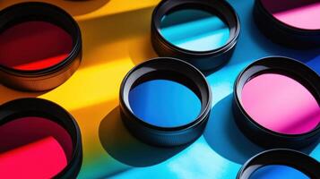 Colorful camera lens filters creating vibrant color effects for filmmaking photo