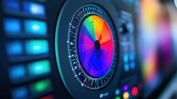 An intricate closeup of a field monitor featuring a vectorscope that displays color distribution across the spectrum. The circular graph is filled with hues indicating the balance o photo