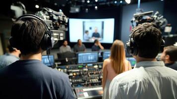 A wide shot captures the synchronized activity of the production crew with multiple crew members in headsets relaying cues while a sound technician checks the microphone levels of photo