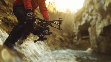 A dynamic shot of the Steadicam in motion highlighting the fluidity of the stabilization system as it glides over uneven terrain with the operators hands deftly finetuning the control photo
