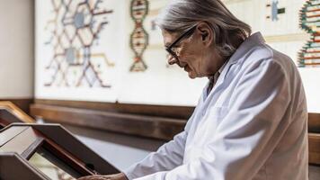 An elderly biohacker wearing a lab coat focusing intently on a DNA sequencer with a backdrop of vibrant wall charts depicting genetic structures and pathways.. photo