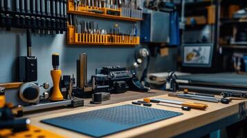 An assortment of calibration tools including focus charts a lens calibration plate and adjustable stands organized neatly on a workbench emphasizing the importance of precision an photo