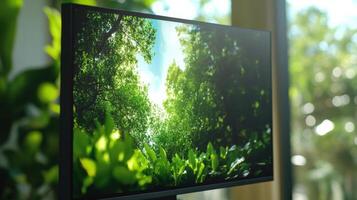 A closeup view of an HDR monitor displaying a stunning nature scene with extreme color fidelity showing rich greens and deep blues while sunlight interacts dynamically with shadow photo