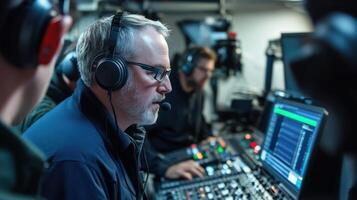 Sound engineer adjusting audio levels during live broadcast event photo