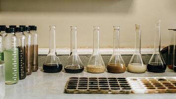An assortment of glassware including flasks and beakers with labels and colorcoded samples arranged neatly on a lab countertop emphasizing the organization essential for cell. photo