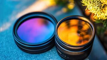 An overhead view of a polarizing filter resting beside a lens highlighting the circular design with its textured grip while the sunlight creates vibrant color reflections on both th photo