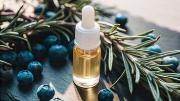 A macro shot of a small vial filled with a glowing liquid nestled a organic ingredients such as herbs and berries illustrating the blend of nature and science in the pursuit of. photo