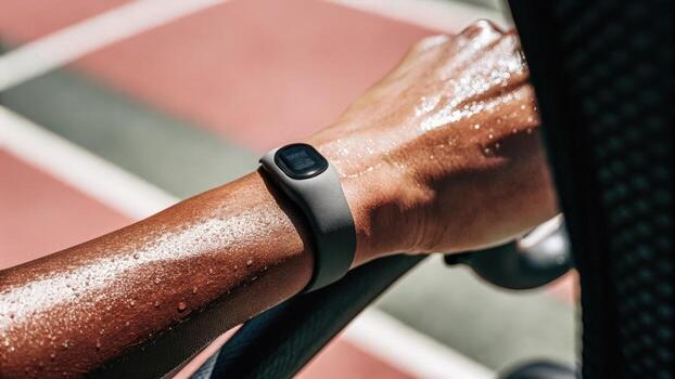 A highresolution image of an athletes forearm with a skinmounted biosensor monitoring sweat composition and hydration levels during an intense workout.. photo