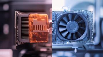 Computer graphic cards representing hot and cold temperature performance of cooling system photo