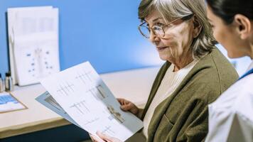 A senior woman surrounded by medical brochures and research papers thoughtfully examines a CRISPR gene editing diagram while communicating with a healthcare professional.. photo