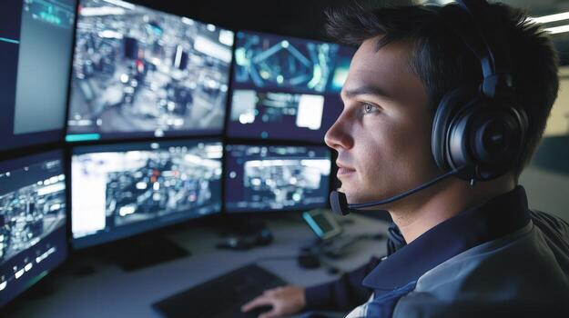 A technician wearing a headset intently focused on multiple screens displaying live feeds from various cameras. The setup includes a wireless transmitter system that enables seamles photo
