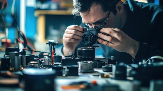 A closeup view of a technician meticulously calibrating the lens of a highend camera surrounded by various technical manuals and electronic devices with the focus on the delicate photo