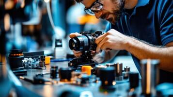 Engineer assembling professional digital cinema camera in a workshop photo