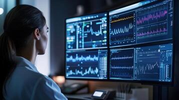 Medical student analyzing ekg data on multiple computer screens in hospital control room photo