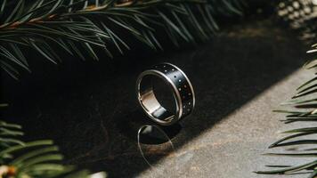 An adjustable smart ring embedded with tiny LEDs and sensors showcasing a blinking light pattern that indicates stress levels with a polished surface reflecting ambient light.. photo
