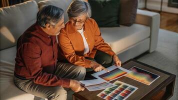 An atmospheric shot of a senior couple sitting together in a warm living room discussing colorful charts and graphs on nutrigenomic solutions laid out on their coffee table. photo