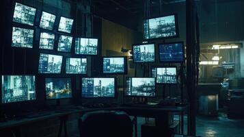 An HDR playback setup in a darkened room where an array of monitors contrast sharply against the low light all showcasing diverse scenes with high contrast and a wide gamut o photo