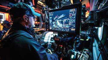 An operator stands behind a hightech monitor mounted on the Steadicam rig intently reviewing the live feed while making realtime adjustments to the camera angle ensuring smooth movemen photo