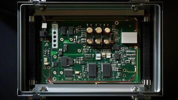 A crosssectional view of a portable converter revealing its internal circuit board with detailed components such as capacitors resistors and signal processing chips all encase photo
