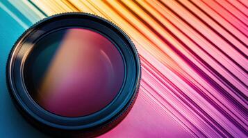 An overhead view of a polarizing filter resting beside a lens highlighting the circular design with its textured grip while the sunlight creates vibrant color reflections on both th photo