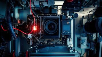 An overhead view of a highperformance camera rig equipped with a robust liquid cooling system where tubes circulate coolant around the sensor area illustrating the integration of flui photo