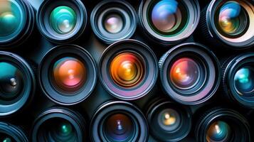Variety of camera lenses showing colorful reflections creating an abstract pattern photo