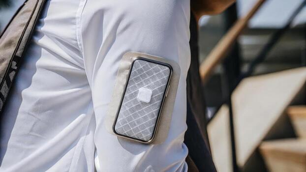 An advanced fabric patch adhered to the skin embedded with nanosensors that continuously track hydration levels and provide feedback via a smartphone app with a seamless skinlike. photo