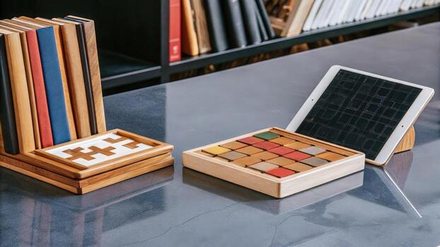 An assortment of brain training tools arranged aesthetically on a polished tabletop including interactive puzzles interactive screens and cognitive enhancement literature inviting. photo