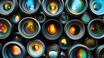 Variety of camera lenses forming a colorful background for filmmaking and photography projects photo