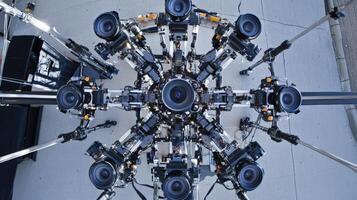 A topdown view of a spherical rig with multiple cameras positioned at different angles highlighting the advanced optics and sensors used for highresolution image capture. The rig i photo