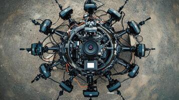 A topdown view of a spherical rig with multiple cameras positioned at different angles highlighting the advanced optics and sensors used for highresolution image capture. The rig i photo