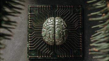 An artistic rendering of a brain intertwined with circuit board elements symbolizing the marriage of biology and technology aimed at cognitive improvement.. photo