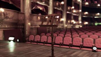 Old opera house stage with a music stand set against empty velvet seats video