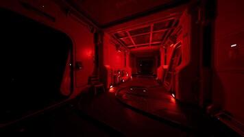 Exploring the red lit interior of a space station during nighttime hours video