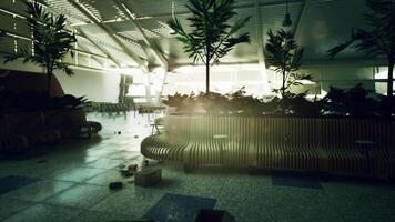 Abandoned airport terminal overgrown with plants in soft afternoon light video