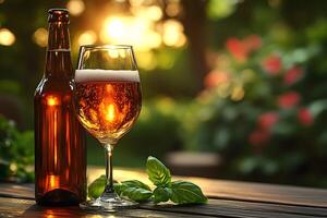 Summer Evening Refreshment with Beer and Basil in Garden Setting photo