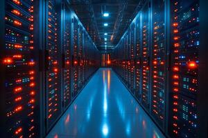 Modern Data Center Server Room with Glowing LED Lights for Technology and Infrastructure Background photo