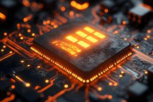 Futuristic Glowing Microchip on Circuit Board for Technology Design photo