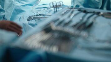 Close-up of medical instruments placed on the operating table in the operating room. Concept of high-tech equipment ready for a complex surgical procedure. Perfect for medical projects. video