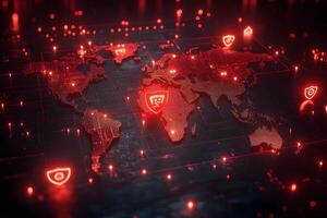 Global Cybersecurity Network with Digital Shield Icons for Data Protection and Technology photo