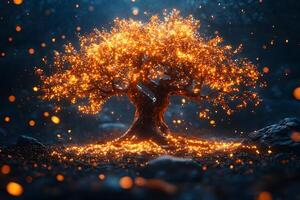 Enchanted Tree with Glowing Firefly Lights in Mystical Forest at Night photo