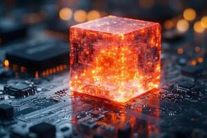 Digital Transformation Concept with Futuristic Glowing Cube on Circuit Board for Technology Design photo